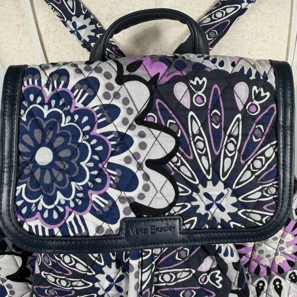 Vera Bradley Small Quilted Backpack Purple Navy Floral Drawstring Flap Bag Boho
